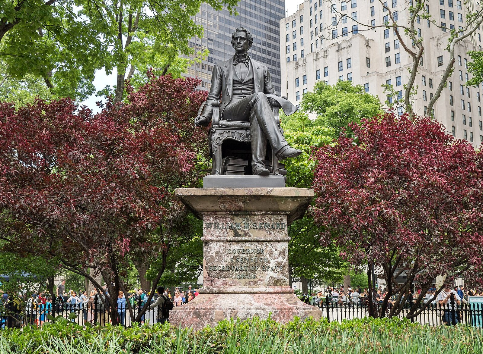 The Seward monument and trees in Madison Square Park